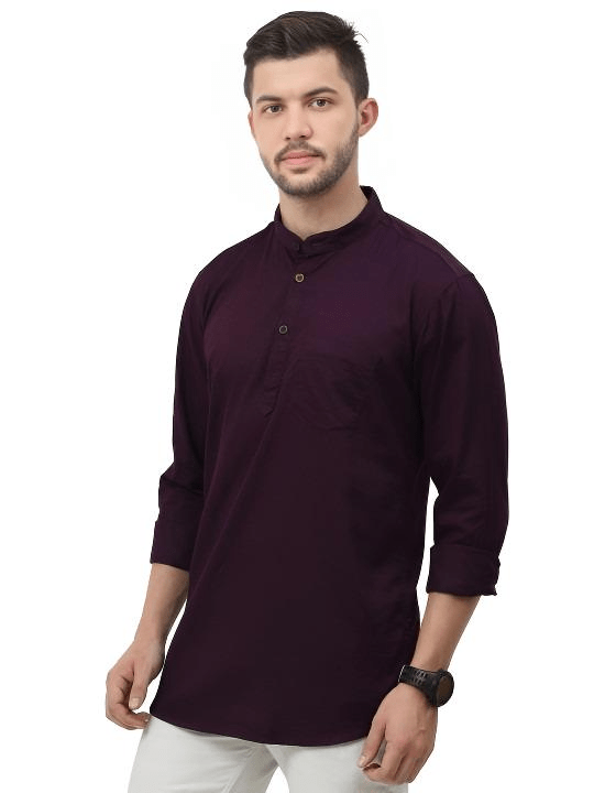 New Men’s Indian Shirt 100% Cotton Traditional Tunic Solid Short Kurta Big Tall - 001FASHIONFORWARD