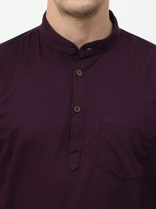 New Men’s Indian Shirt 100% Cotton Traditional Tunic Solid Short Kurta Big Tall - 001FASHIONFORWARD