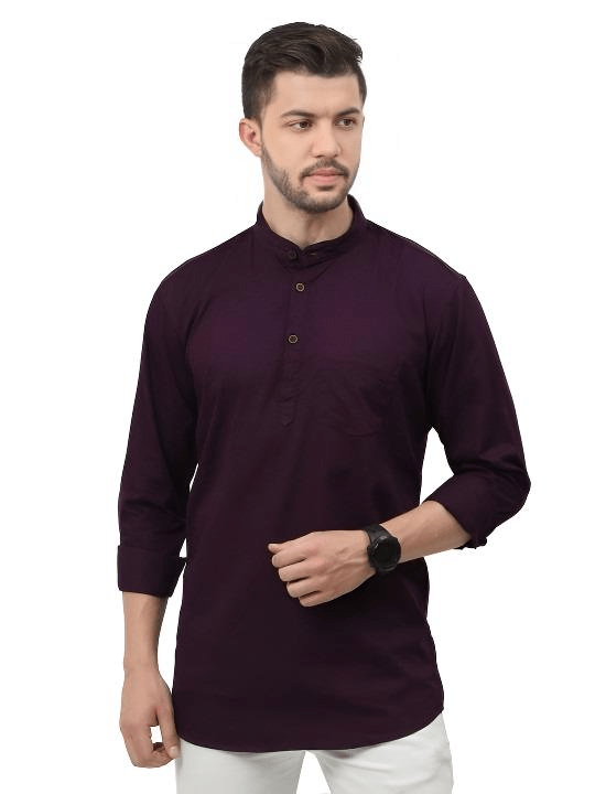 New Men’s Indian Shirt 100% Cotton Traditional Tunic Solid Short Kurta Big Tall - 001FASHIONFORWARD