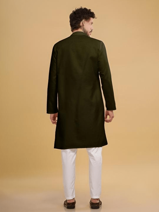 New Men’s Long Kurta Pajama Party Wear Solid Olive Green Indian S - 7X - 001FASHIONFORWARD