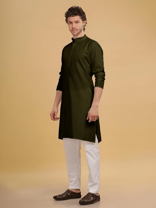 New Men’s Long Kurta Pajama Party Wear Solid Olive Green Indian S - 7X - 001FASHIONFORWARD