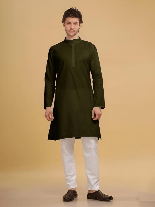 New Men’s Long Kurta Pajama Party Wear Solid Olive Green Indian S - 7X - 001FASHIONFORWARD