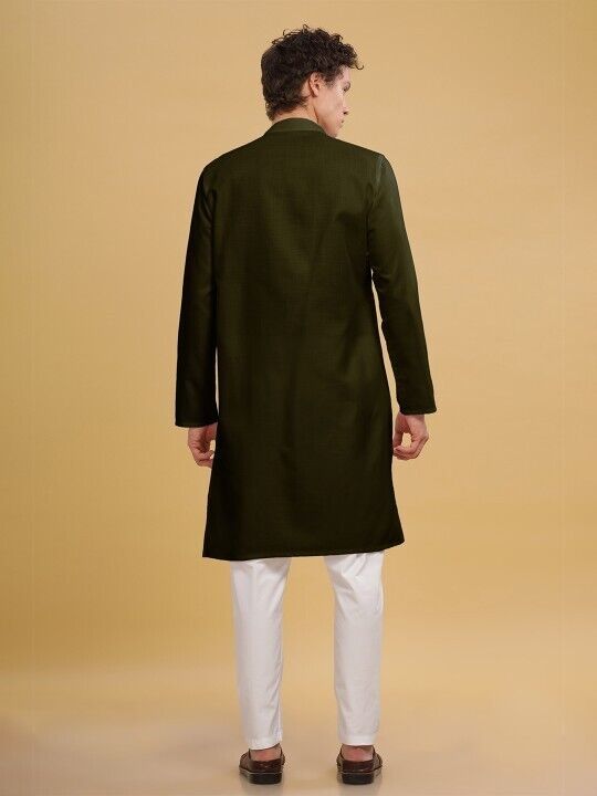 New Men’s Long Kurta Pajama Party Wear Solid Olive Green Indian S - 7X - 001FASHIONFORWARD