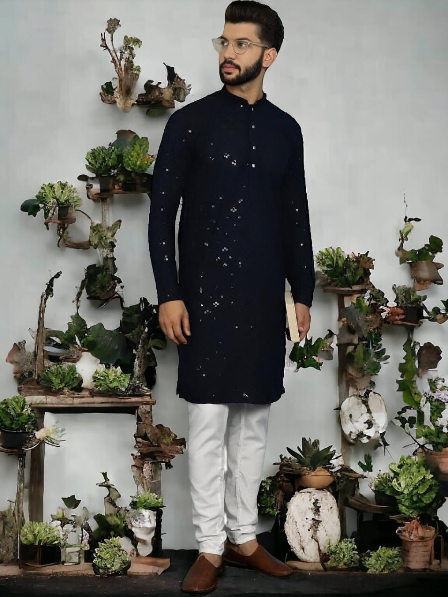 New Party Wear Pure Cotton Men’s Long Kurta Pajama Black , Wedding Outfit - 001FASHIONFORWARD