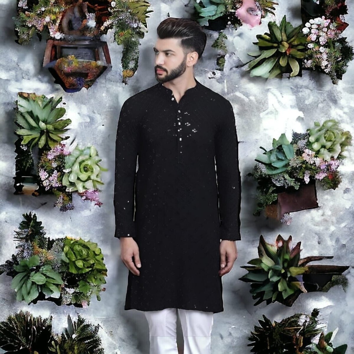 New Party Wear Pure Cotton Men’s Long Kurta Pajama Black , Wedding Outfit - 001FASHIONFORWARD