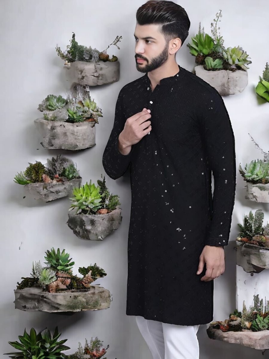 New Party Wear Pure Cotton Men’s Long Kurta Pajama Black , Wedding Outfit - 001FASHIONFORWARD