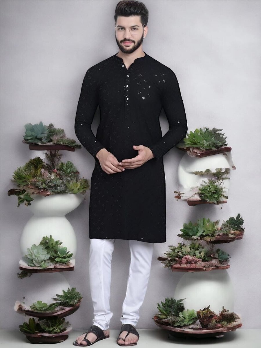 New Party Wear Pure Cotton Men’s Long Kurta Pajama Black , Wedding Outfit - 001FASHIONFORWARD