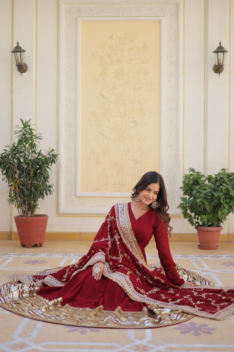 Pakistani Anarkali Flared gown Red Indian Wedding Party Gown Eid Dress Women - 001FASHIONFORWARD