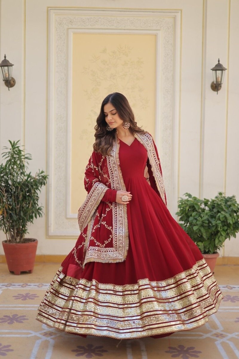 Pakistani Anarkali Flared gown Red Indian Wedding Party Gown Eid Dress Women - 001FASHIONFORWARD
