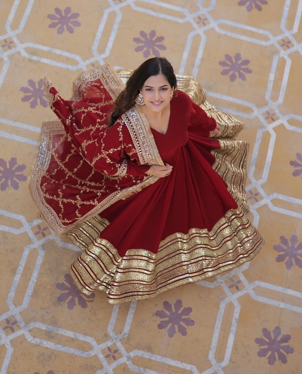 Pakistani Anarkali Flared gown Red Indian Wedding Party Gown Eid Dress Women - 001FASHIONFORWARD