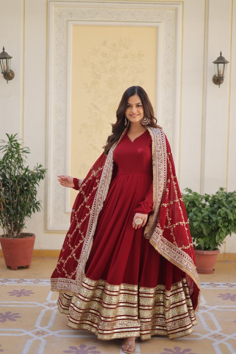 Pakistani Anarkali Flared gown Red Indian Wedding Party Gown Eid Dress Women - 001FASHIONFORWARD