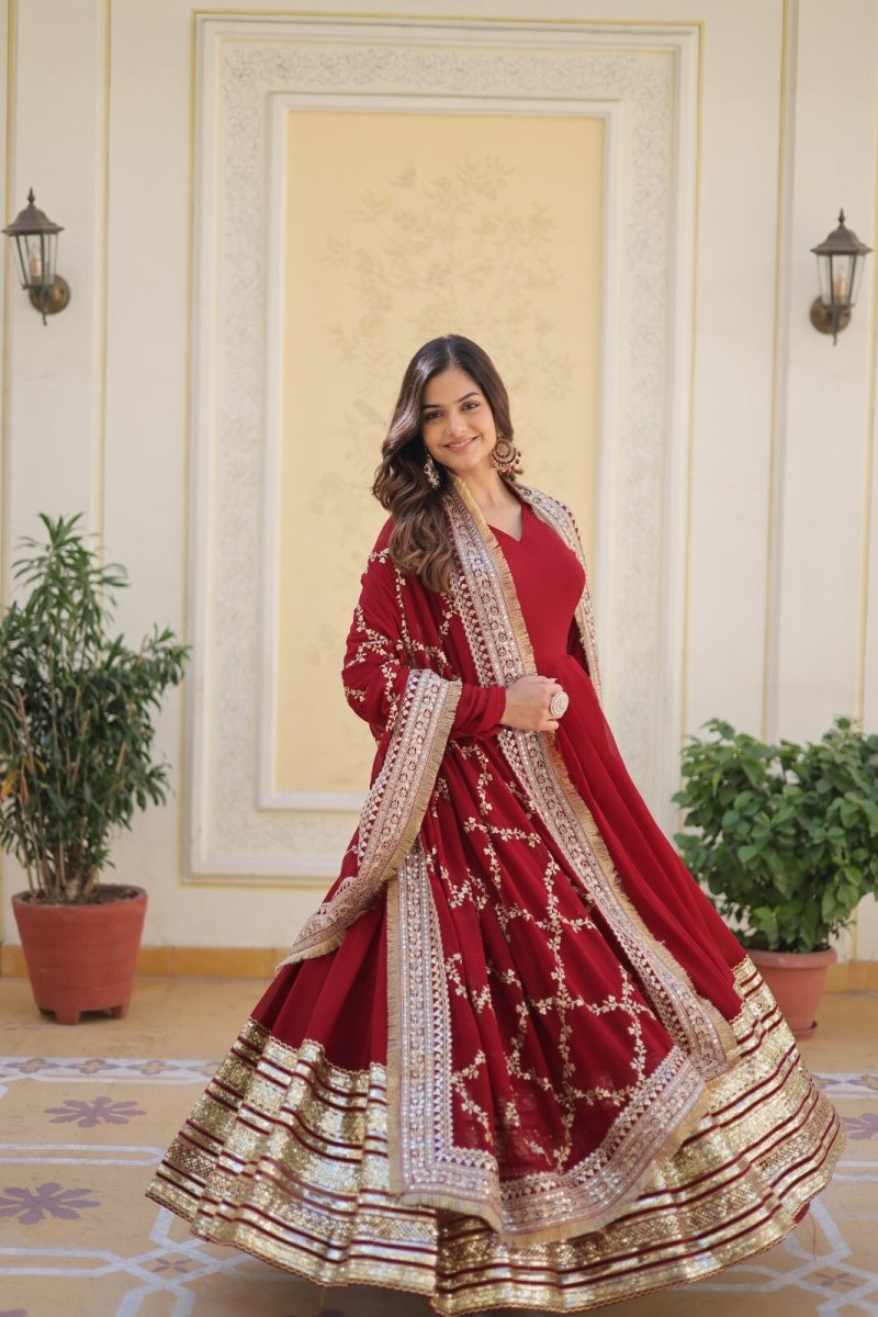 Pakistani Anarkali Flared gown Red Indian Wedding Party Gown Eid Dress Women - 001FASHIONFORWARD