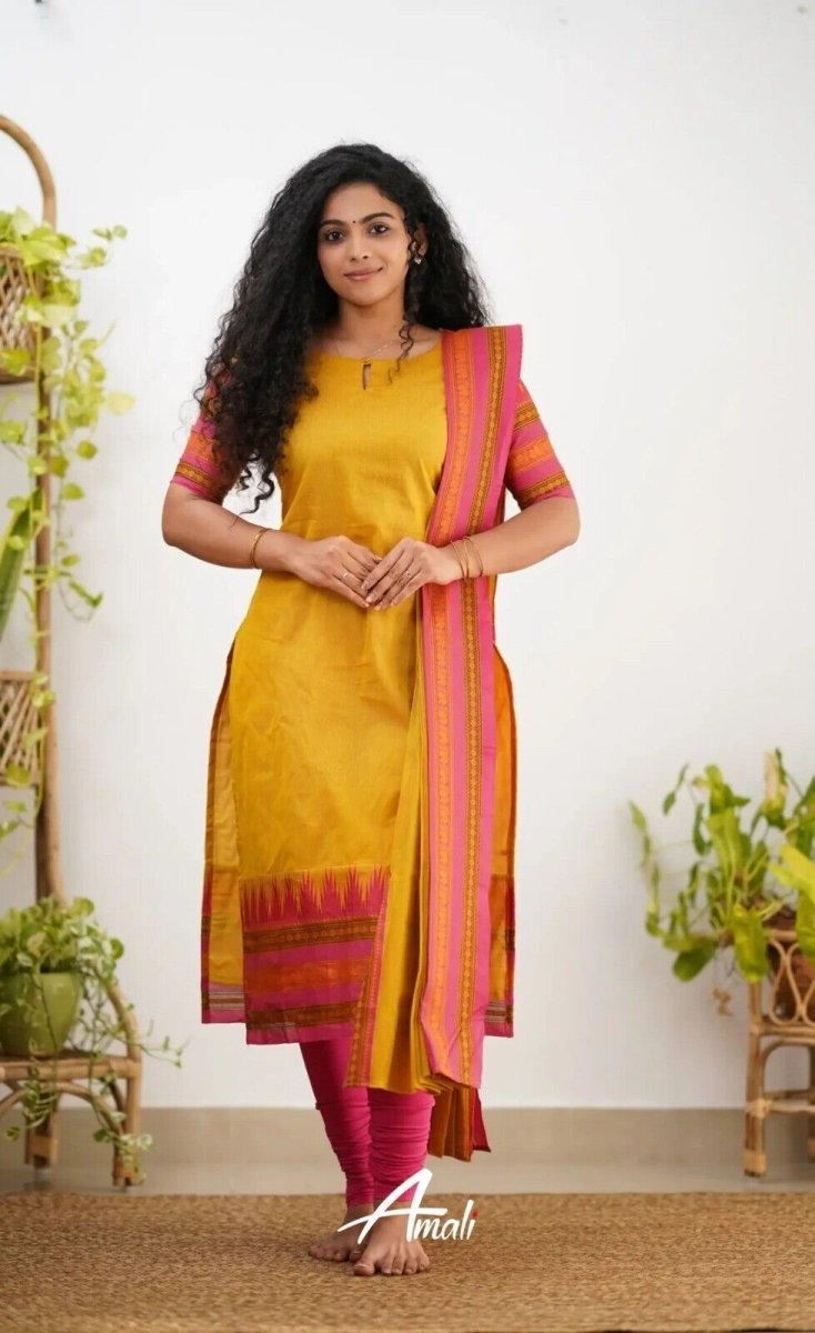 Pakistani Casual Yellow Cotton Solid & Kanchi Lining Cotton Salwar Kameez Women - 001FASHIONFORWARD