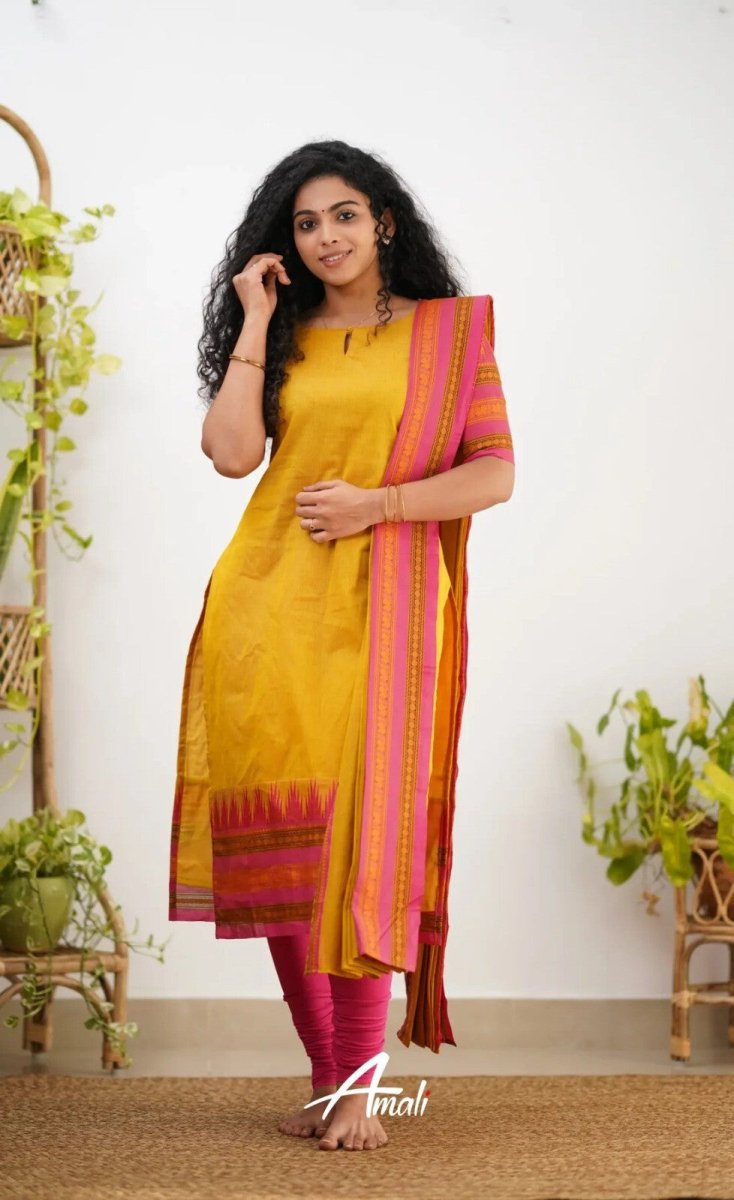 Pakistani Casual Yellow Cotton Solid & Kanchi Lining Cotton Salwar Kameez Women - 001FASHIONFORWARD