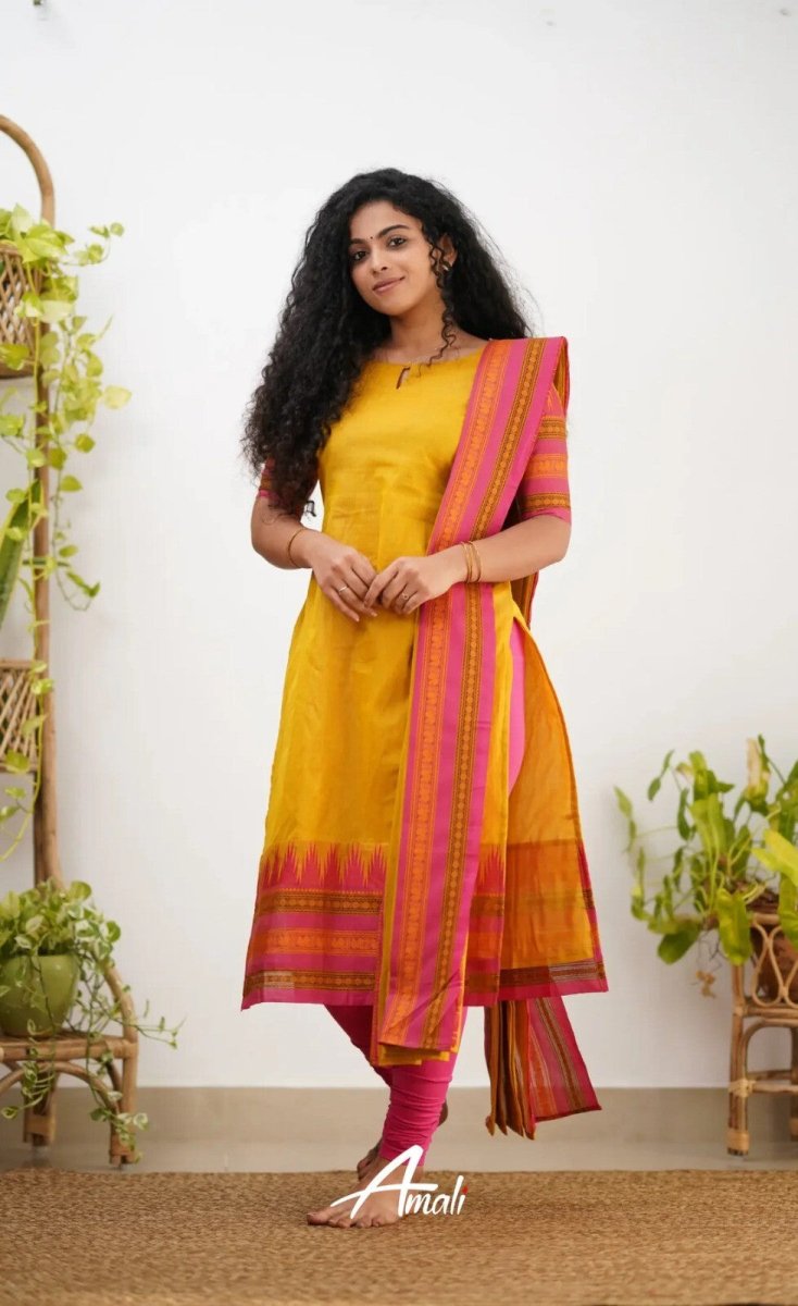 Pakistani Casual Yellow Cotton Solid & Kanchi Lining Cotton Salwar Kameez Women - 001FASHIONFORWARD