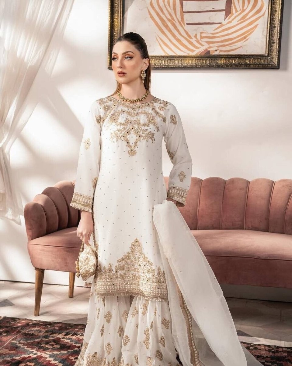 Pakistani Indian Wedding Sharara Suit with Designer Kurti - Eid Collection - 001FASHIONFORWARD
