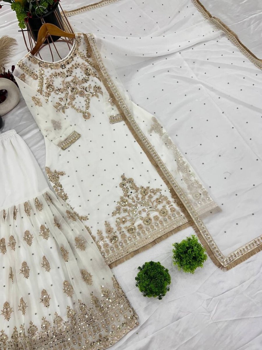 Pakistani Indian Wedding Sharara Suit with Designer Kurti - Eid Collection - 001FASHIONFORWARD