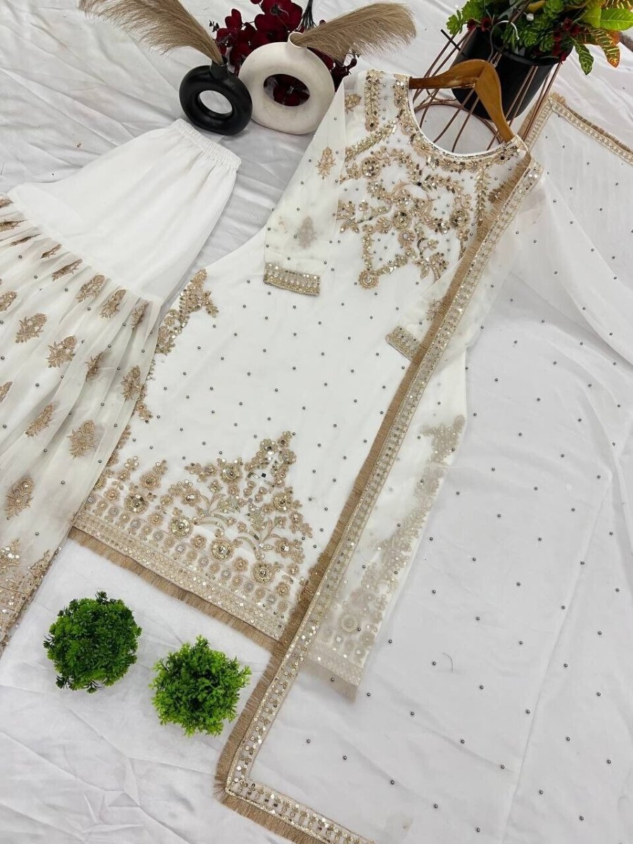 Pakistani Indian Wedding Sharara Suit with Designer Kurti - Eid Collection - 001FASHIONFORWARD