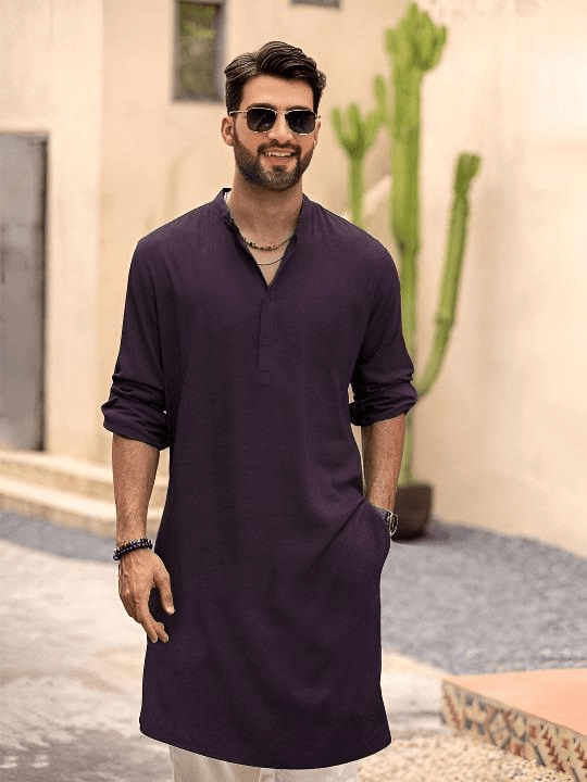 Pakistani Pure Cotton Long Kurta Tunic shirt Men’s Solid Purple Plus Size S - 7X - 001FASHIONFORWARD
