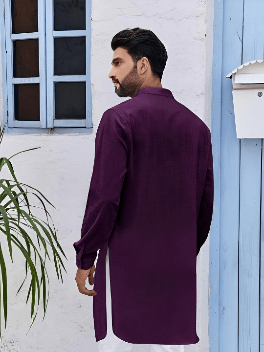 Pakistani Pure Cotton Long Kurta Tunic shirt Men’s Solid Purple Plus Size S - 7X - 001FASHIONFORWARD