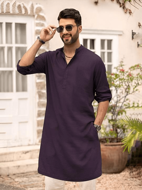 Pakistani Pure Cotton Long Kurta Tunic shirt Men’s Solid Purple Plus Size S - 7X - 001FASHIONFORWARD