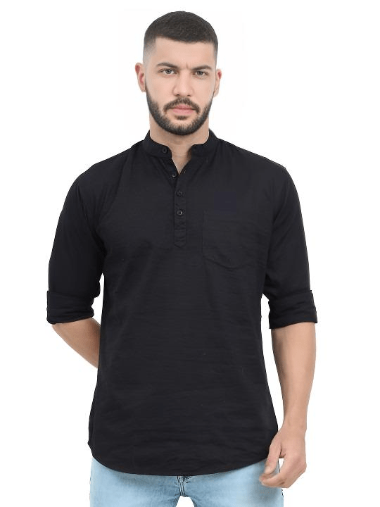 Pakistani Pure Cotton Short Kurta Tunic shirt Men’s Solid Black Plus Size S - 7X - 001FASHIONFORWARD