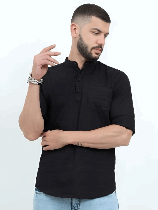 Pakistani Pure Cotton Short Kurta Tunic shirt Men’s Solid Black Plus Size S - 7X - 001FASHIONFORWARD