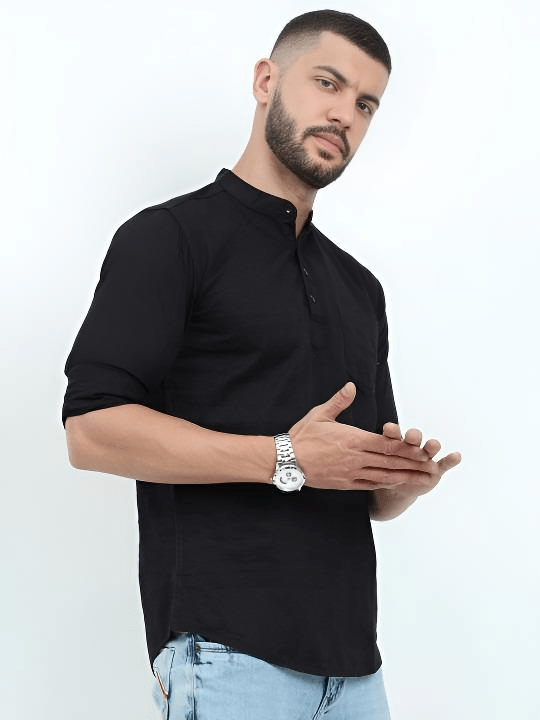 Pakistani Pure Cotton Short Kurta Tunic shirt Men’s Solid Black Plus Size S - 7X - 001FASHIONFORWARD