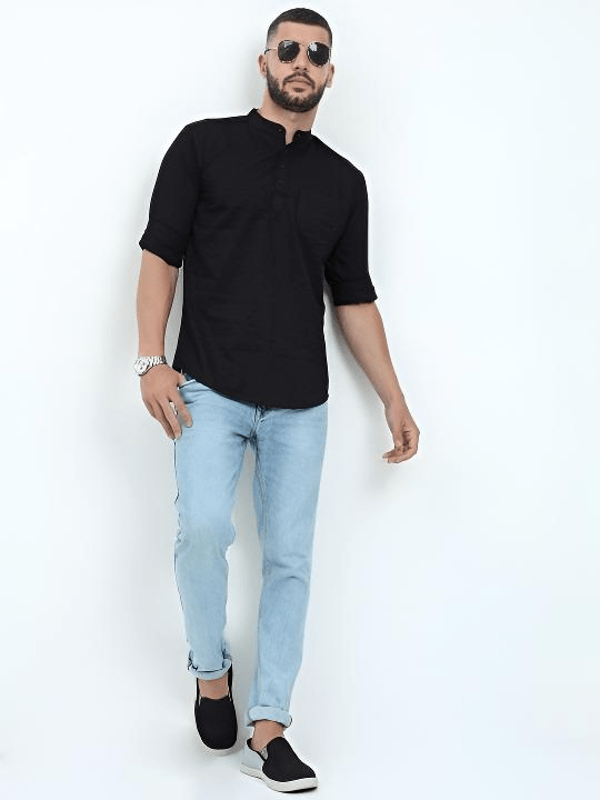 Pakistani Pure Cotton Short Kurta Tunic shirt Men’s Solid Black Plus Size S - 7X - 001FASHIONFORWARD