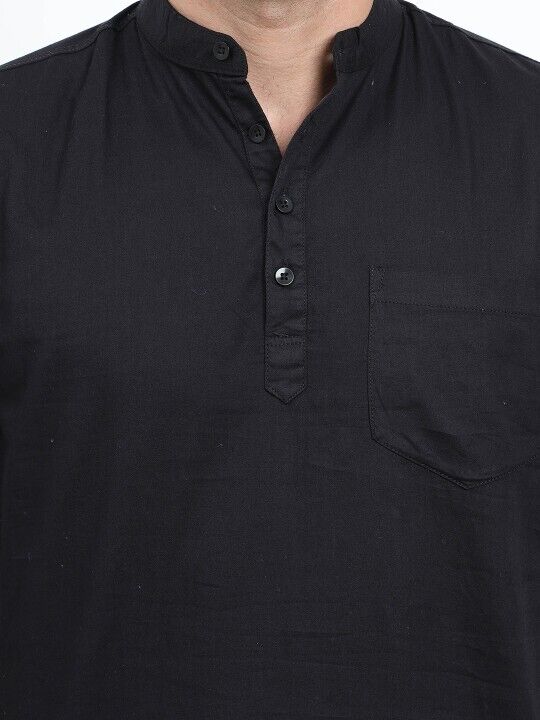 Pakistani Pure Cotton Short Kurta Tunic shirt Men’s Solid Black Plus Size S - 7X - 001FASHIONFORWARD
