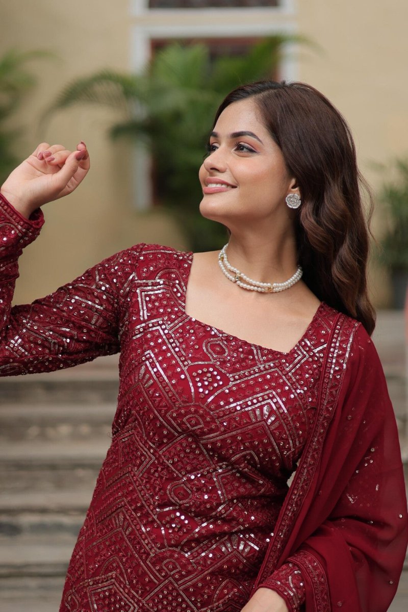 Pakistani Red Sharara Salwar Kameez Ready to Wear Kurti Georgette Sharara Set - 001FASHIONFORWARD