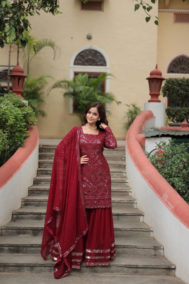 Pakistani Red Sharara Salwar Kameez Ready to Wear Kurti Georgette Sharara Set - 001FASHIONFORWARD