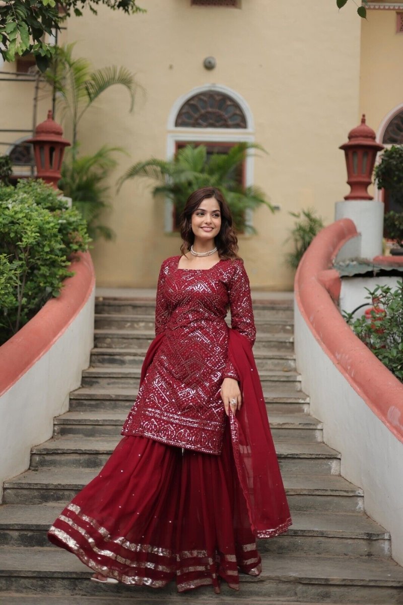 Pakistani Red Sharara Salwar Kameez Ready to Wear Kurti Georgette Sharara Set - 001FASHIONFORWARD