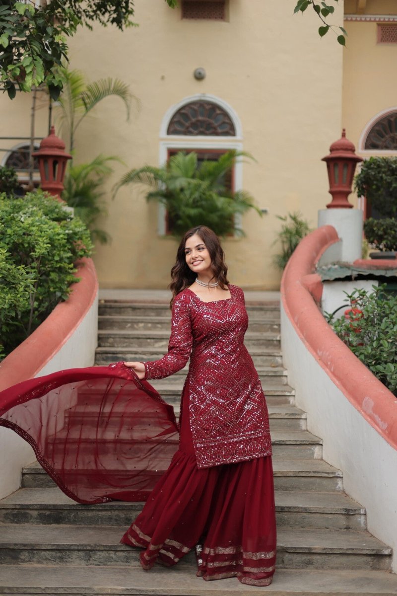 Pakistani Red Sharara Salwar Kameez Ready to Wear Kurti Georgette Sharara Set - 001FASHIONFORWARD