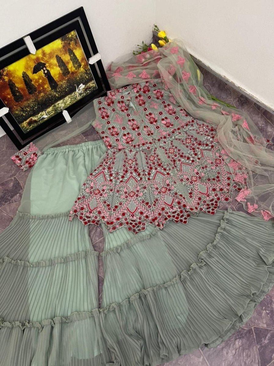 Pallazzo Set Sharara Suit to Wear , Ready made Wedding Partywear Georgette Suit - 001FASHIONFORWARD