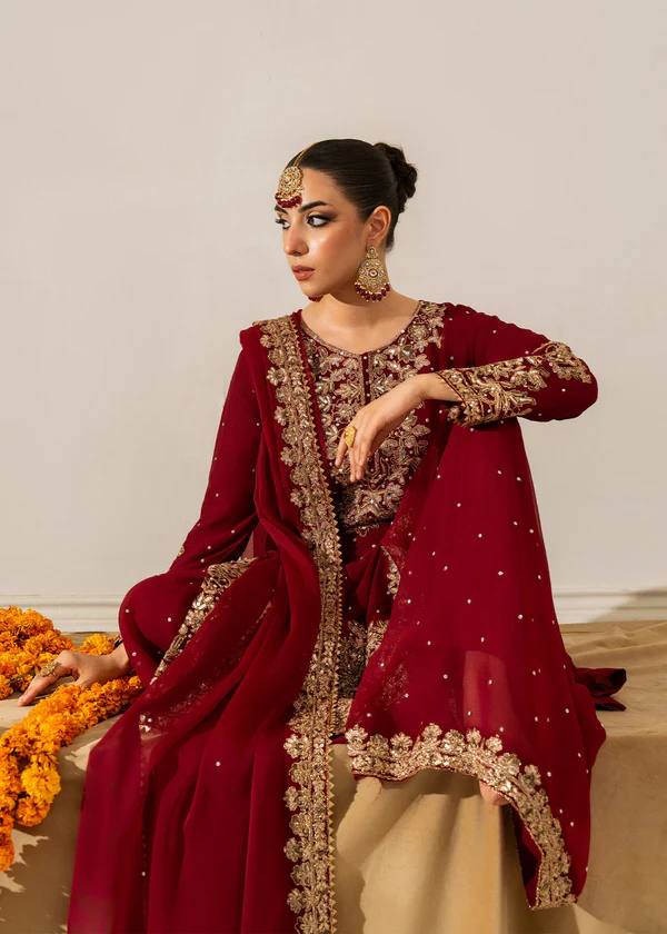 Parti Wear Red Sharara Suit With Sequence & Moti Work - 001FASHIONFORWARD