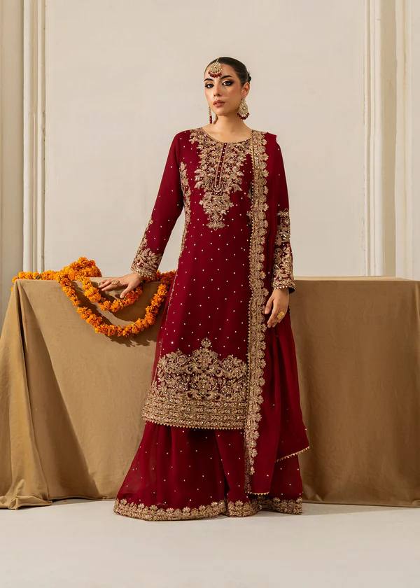 Parti Wear Red Sharara Suit With Sequence & Moti Work - 001FASHIONFORWARD