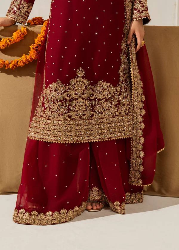 Parti Wear Red Sharara Suit With Sequence & Moti Work - 001FASHIONFORWARD
