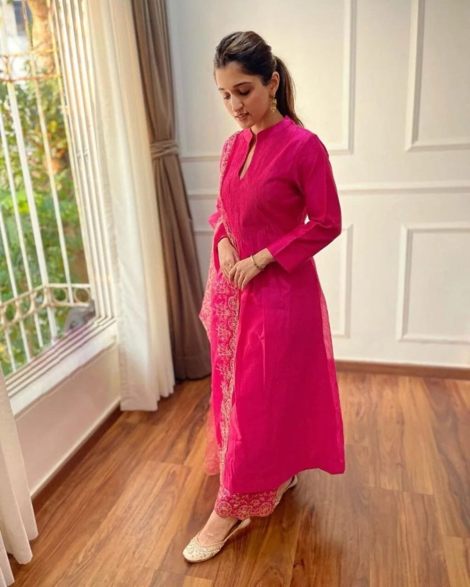 Party Heavy Chanderi Readymade Pink Salwar Kameez With Printed Organza Dupatta - 001FASHIONFORWARD