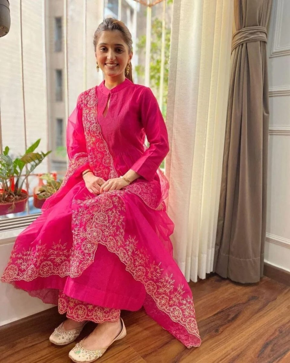 Party Heavy Chanderi Readymade Pink Salwar Kameez With Printed Organza Dupatta - 001FASHIONFORWARD
