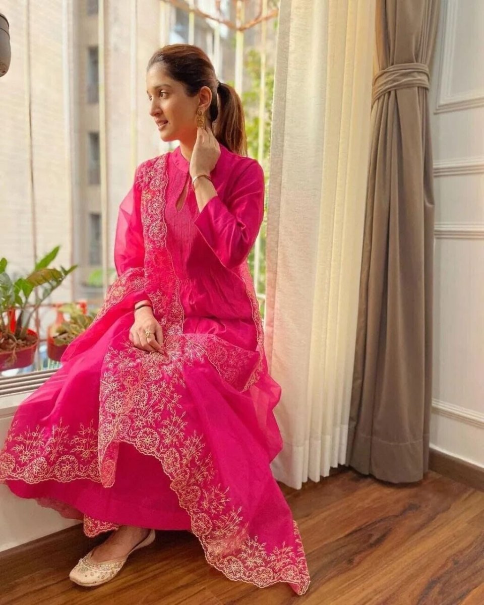 Party Heavy Chanderi Readymade Pink Salwar Kameez With Printed Organza Dupatta - 001FASHIONFORWARD
