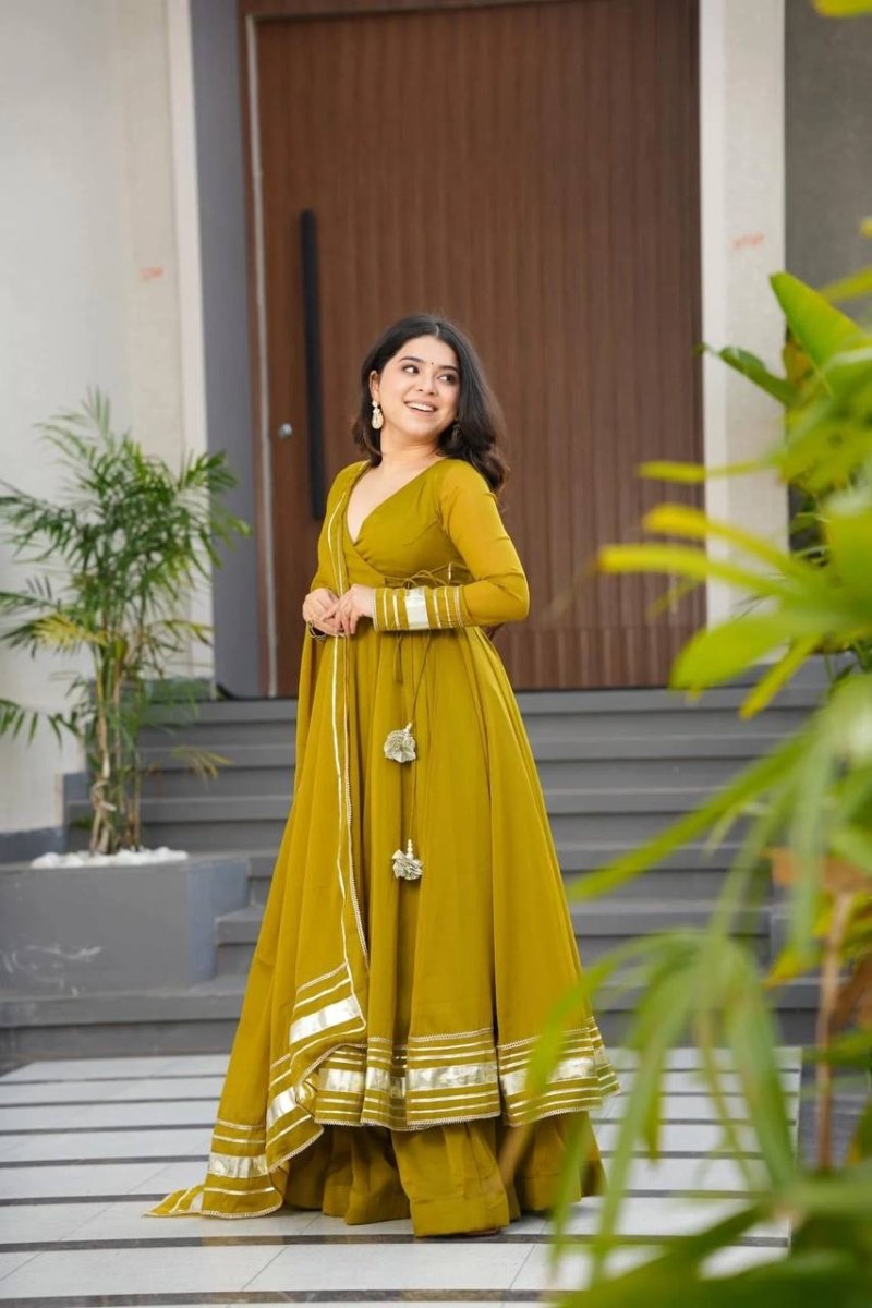 Party Wear Angrakha Look – 3 - Piece Green Anarkali Gown, Pant & Dupatta Set - 001FASHIONFORWARD