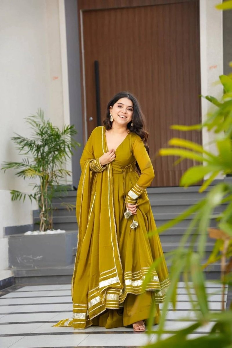 Party Wear Angrakha Look – 3 - Piece Green Anarkali Gown, Pant & Dupatta Set - 001FASHIONFORWARD