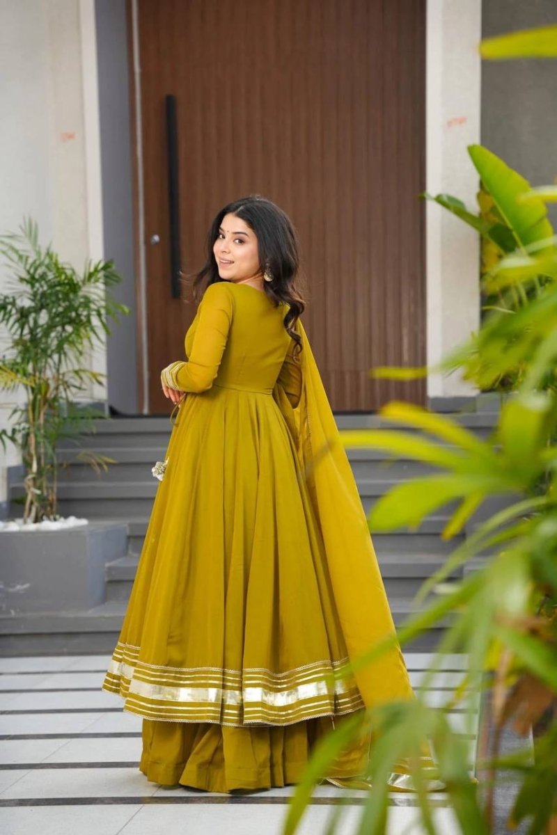 Party Wear Angrakha Look – 3 - Piece Green Anarkali Gown, Pant & Dupatta Set - 001FASHIONFORWARD