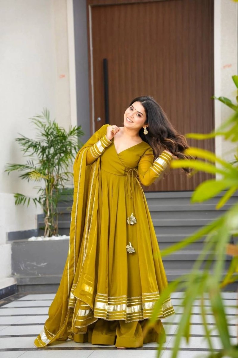Party Wear Angrakha Look – 3 - Piece Green Anarkali Gown, Pant & Dupatta Set - 001FASHIONFORWARD