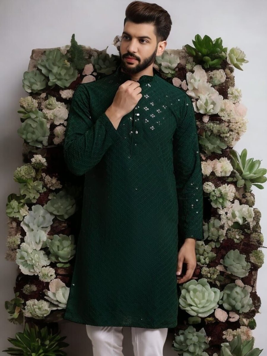 Party Wear Green Embroidered Pure Cotton Long Shirt Kurta Pajama Pooja Kurta - 001FASHIONFORWARD