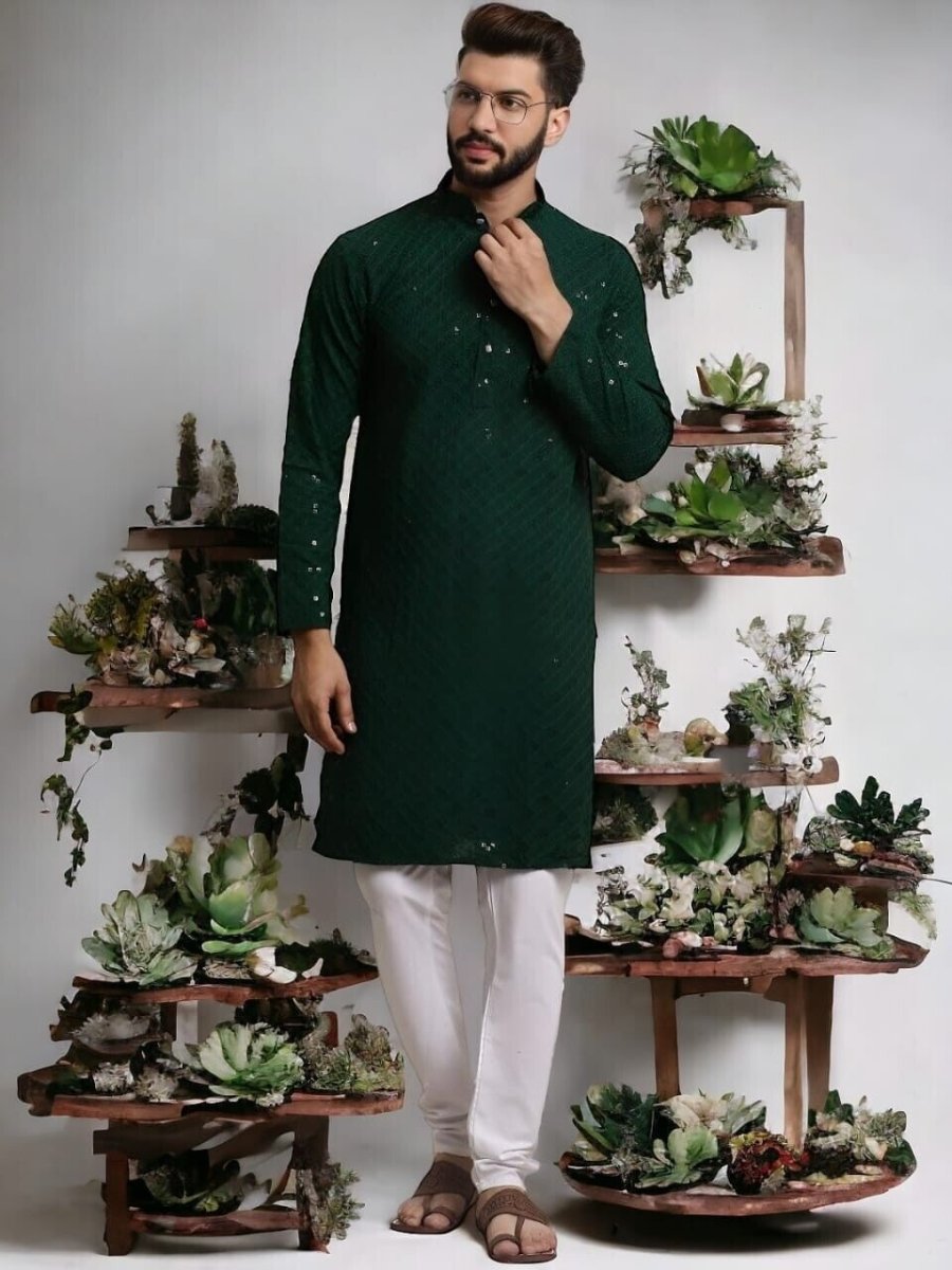 Party Wear Green Embroidered Pure Cotton Long Shirt Kurta Pajama Pooja Kurta - 001FASHIONFORWARD