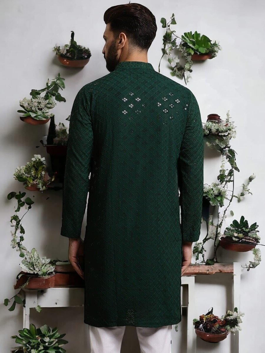 Party Wear Green Embroidered Pure Cotton Long Shirt Kurta Pajama Pooja Kurta - 001FASHIONFORWARD