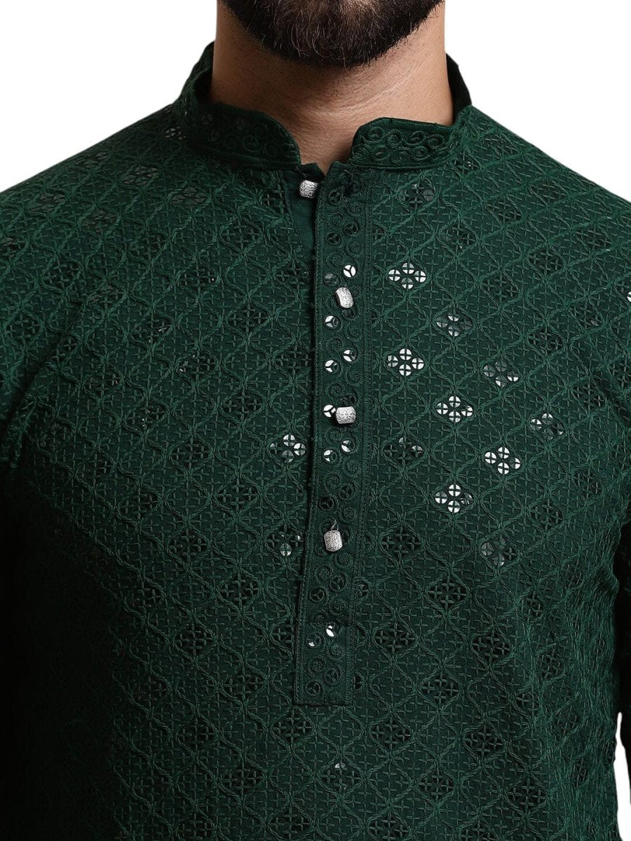 Party Wear Green Embroidered Pure Cotton Long Shirt Kurta Pajama Pooja Kurta - 001FASHIONFORWARD