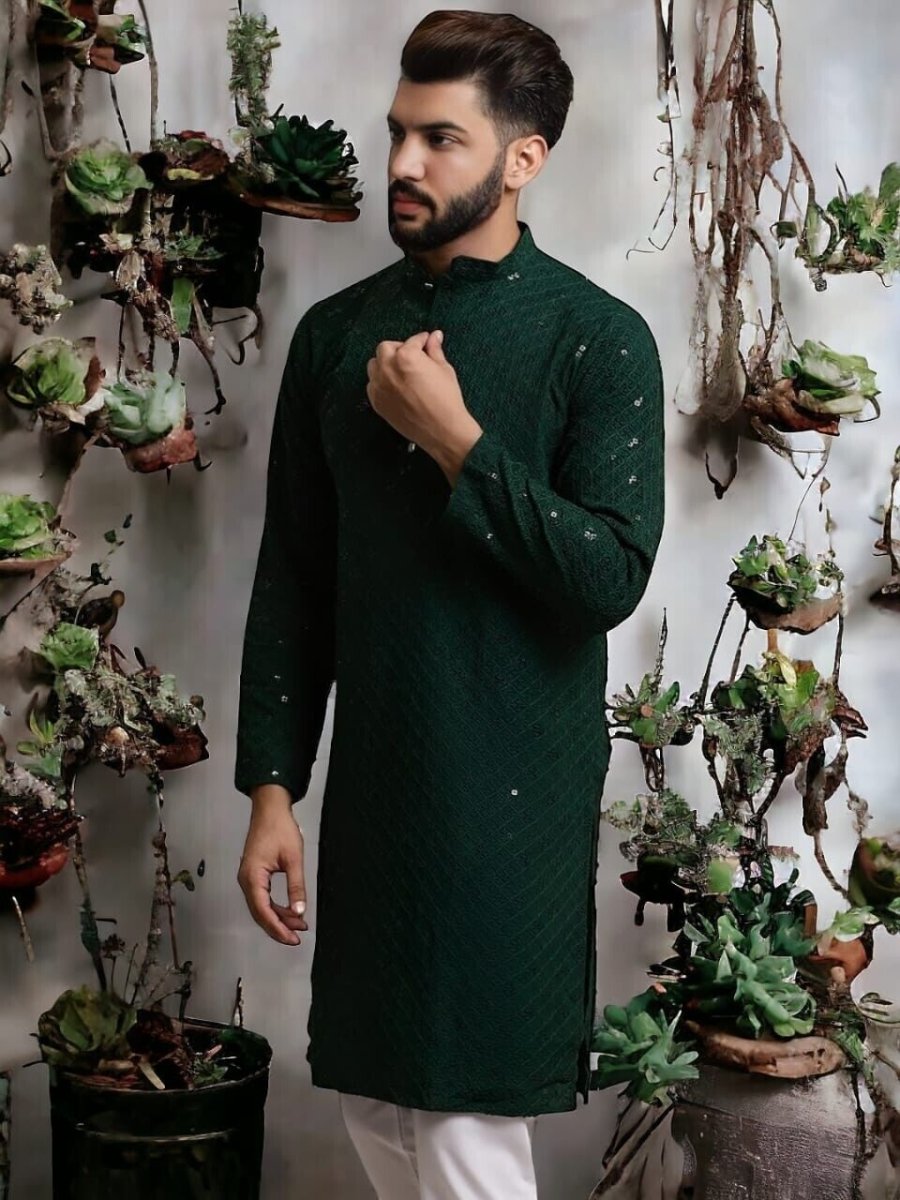 Party Wear Green Embroidered Pure Cotton Long Shirt Kurta Pajama Pooja Kurta - 001FASHIONFORWARD